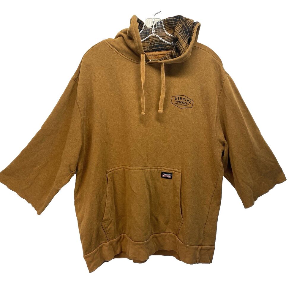 Dickies Hoodie Sweatshirt Men's Large Brown Hood Fleece Pullover Cut-Off Sleeve
